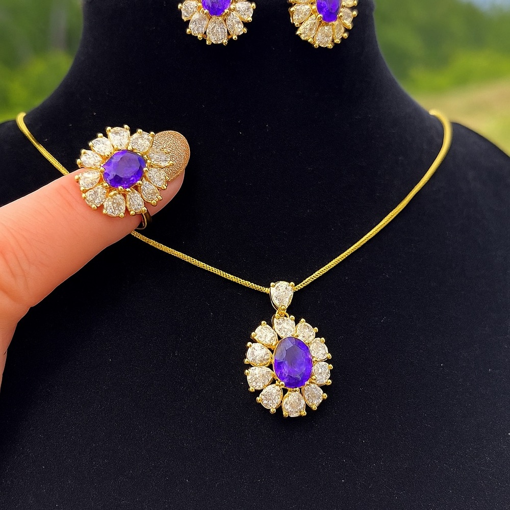 Purple Amethyst & Zircon Royal Jewelry Set | Necklace, Earrings & Ring | Rococo